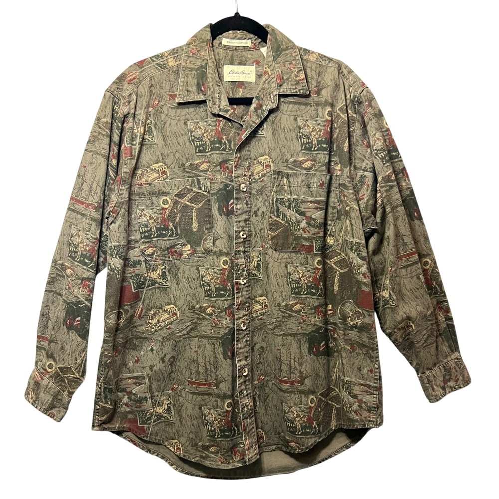 Vintage 90s Eddie Bauer Elkhorn Canvas Frontier Wilderness‎ Print Shirt Men's M